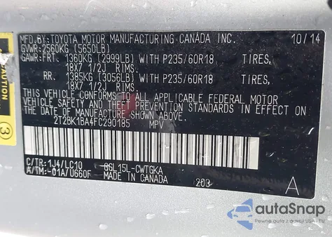 2015 Lexus Rx 350 из США, поврежденный, VIN 2T2BK1BA4FC290185